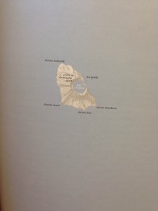 Shalansky renders a map of the island in question and on the proceeding page, she describes the island's history and facts about its location and habitability. 